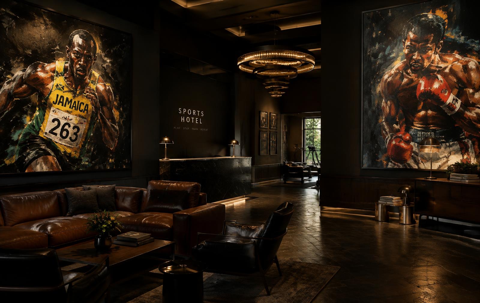 Hotel lobby hung with large hand-painted sports artworks